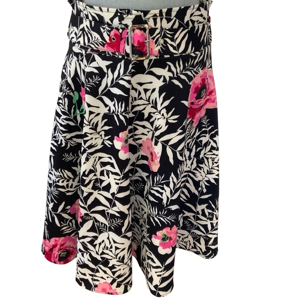 NY & Co‎ 7th Avenue Floral Belted A Line Midi Pleated Skirt Tropical Size 8 Pink